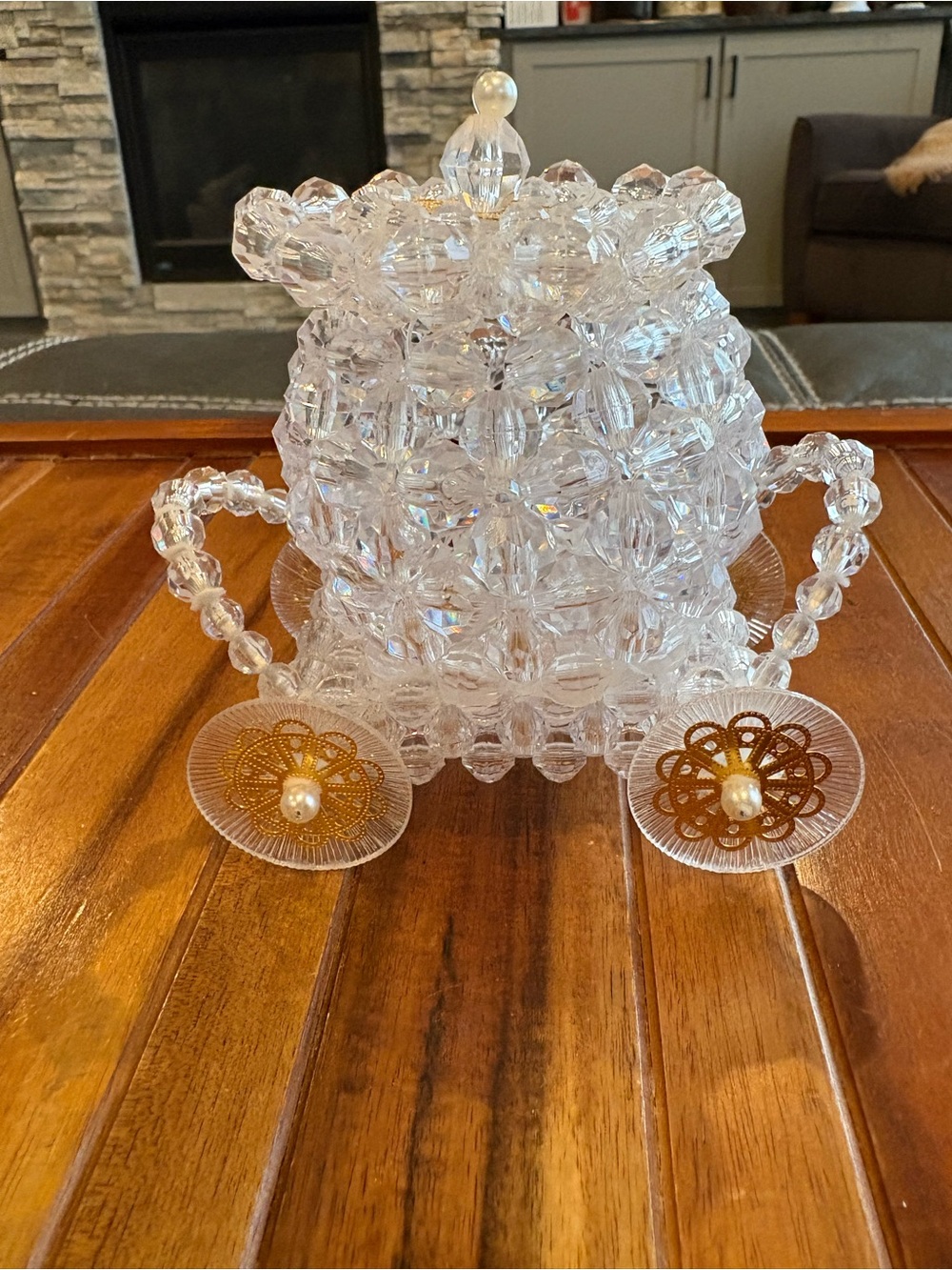 Vintage Clear Beaded Cinderella Carriage Figurine Gold Filigree Pearl Decor